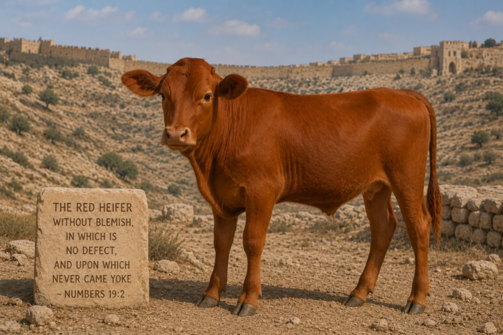 Red brown heifer standing on rocky desert ground beside a weathered stone tablet inscribed with a Bible verse, with ancient fortress walls in the distance.