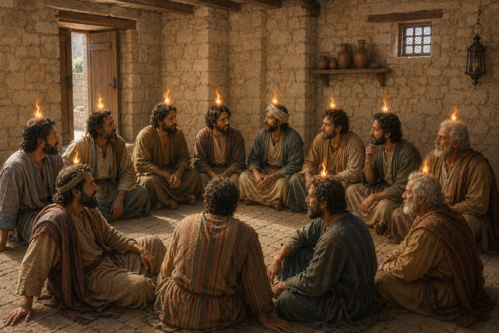 Group of men in robes sitting in a circle inside a stone-walled room, each with a small flame above their head.